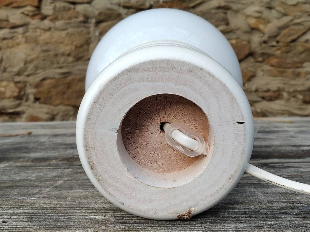 70s wood and opaline lamp