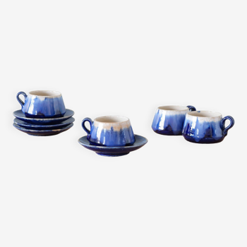 Service of 4 blue ceramic cups and saucers from the 1950s