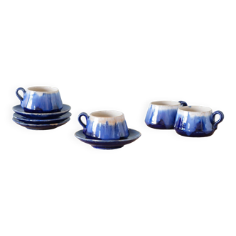 Service of 4 blue ceramic cups and saucers from the 1950s