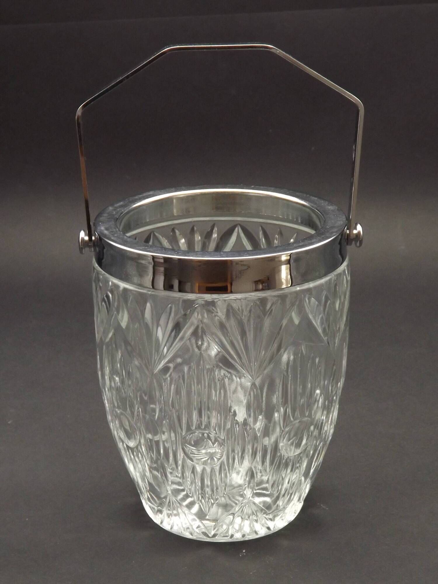 Quality Cut Glass French Vintage Ice Bucket Silver Metal Carry Handle 4507