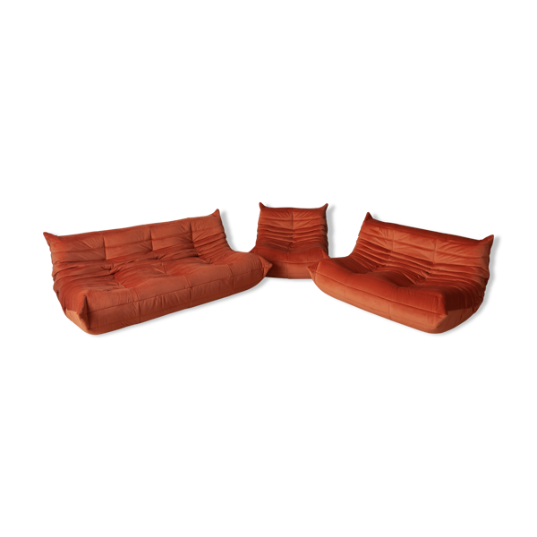 Set de 3 canapés Togo en velours orange par Michel Ducaroy pour Ligne Roset