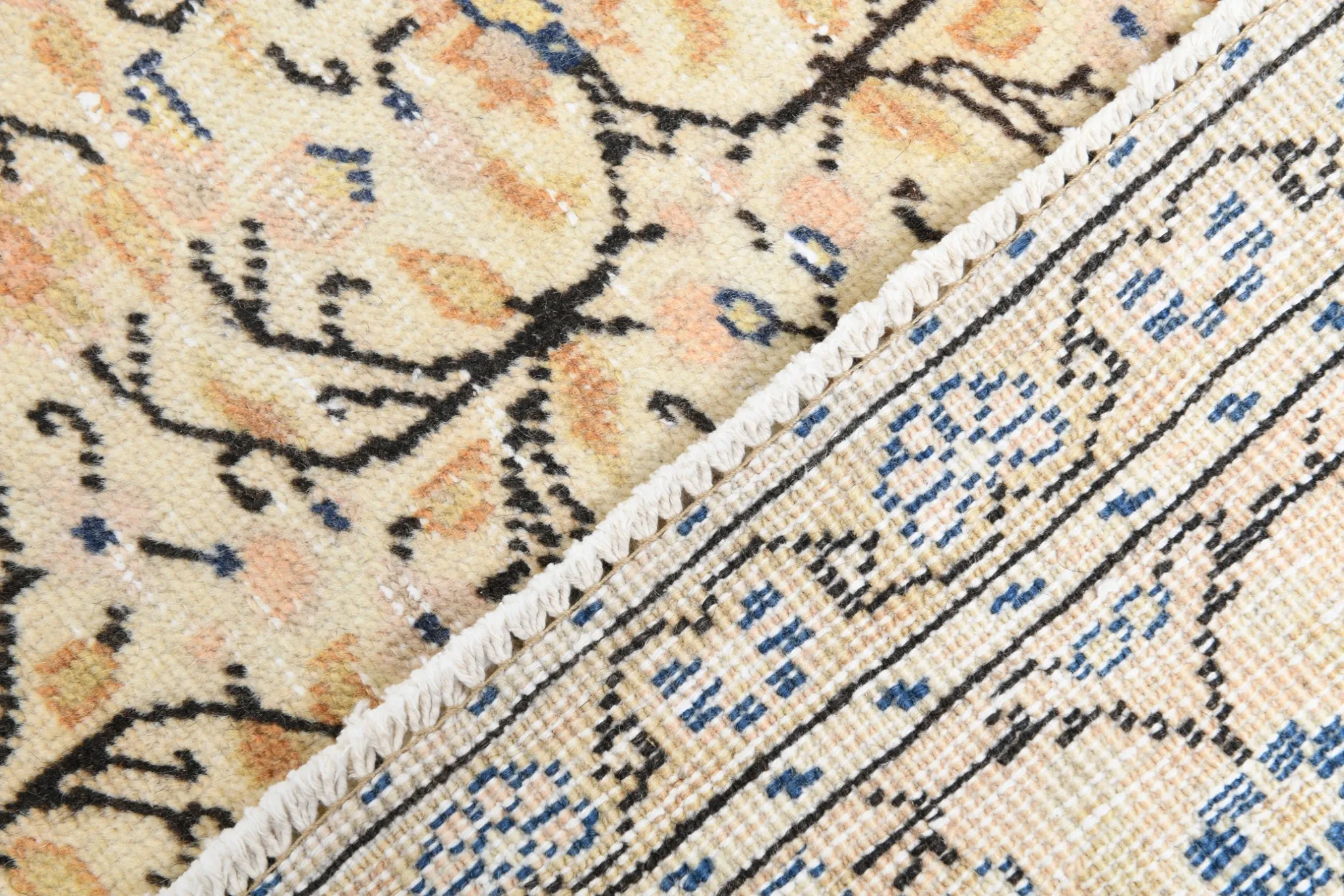 9x13 Vintage Cream Blue Persian Rug, Turkish Handmade Wool Floral Carpet