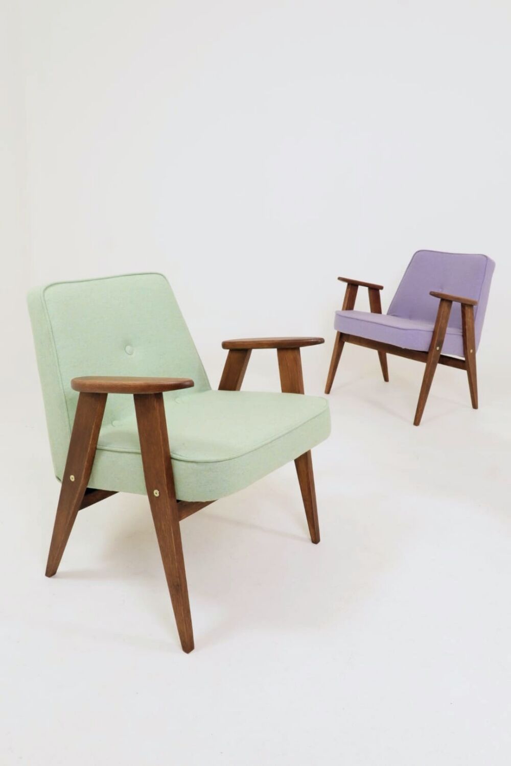 Pastel pistachio wool fabric Scandinavian armchair, oak wood.