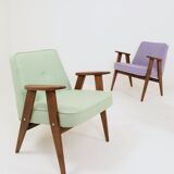 Pastel pistachio wool fabric Scandinavian armchair, oak wood.