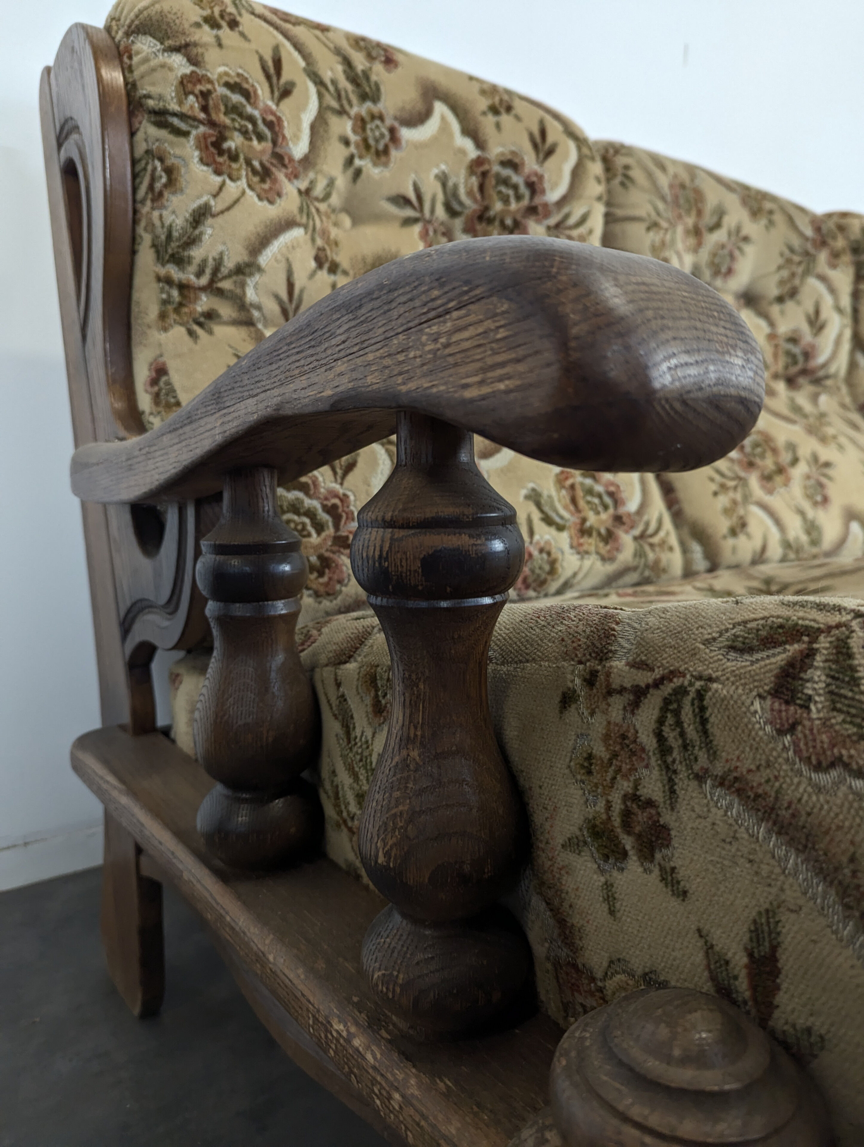 Rustic solid oak sofa with floral decoration