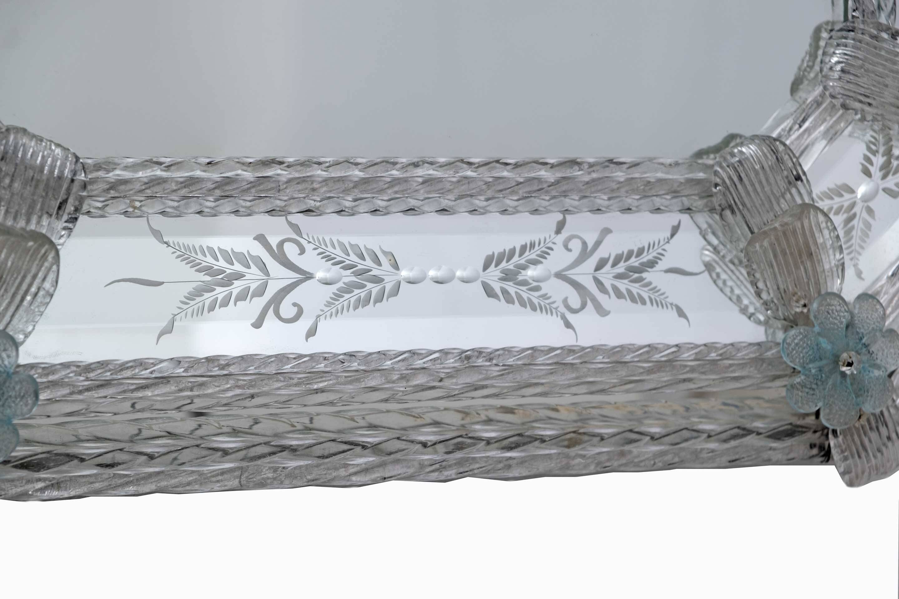 Miroir octogonal en verre de Murano vénitien du XXe siècle, décoré de fleurs