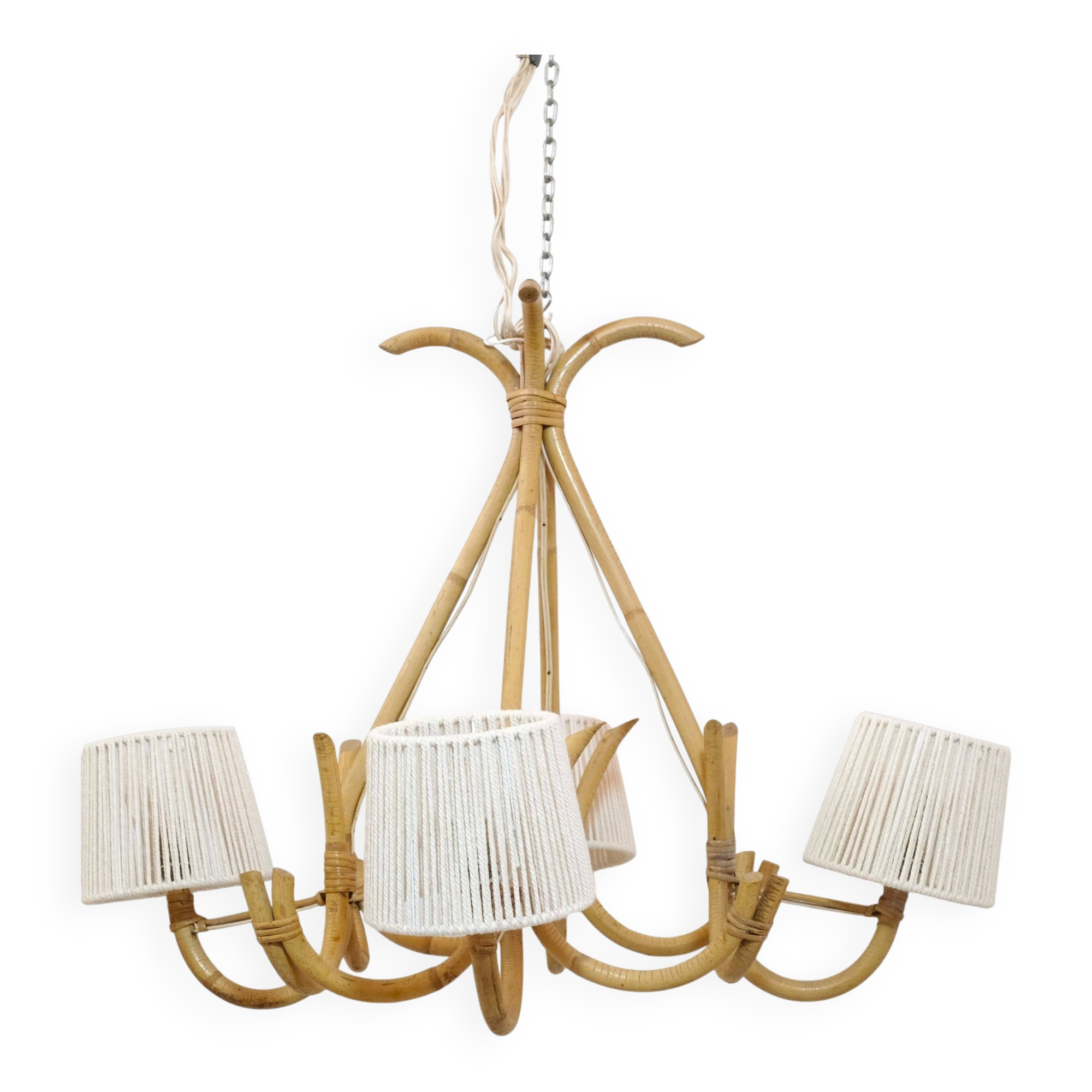 4-light rattan and rope pendant light, 1960-1970.