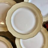 Set of 6 vintage white dinner plates with yellow and gold trim.