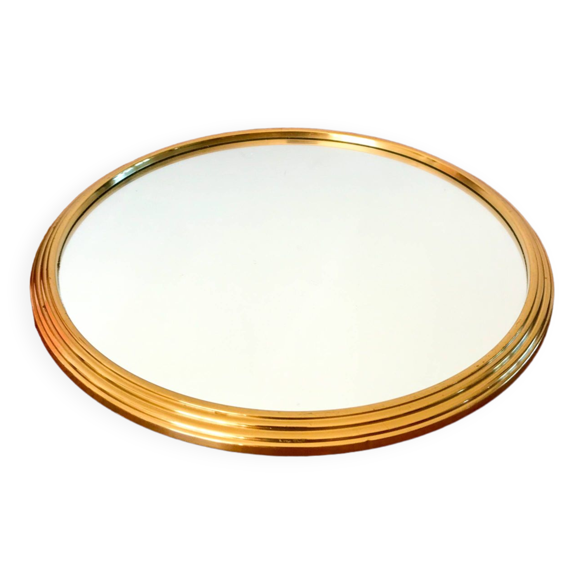 plateau miroir rond en métal doré années 50-60