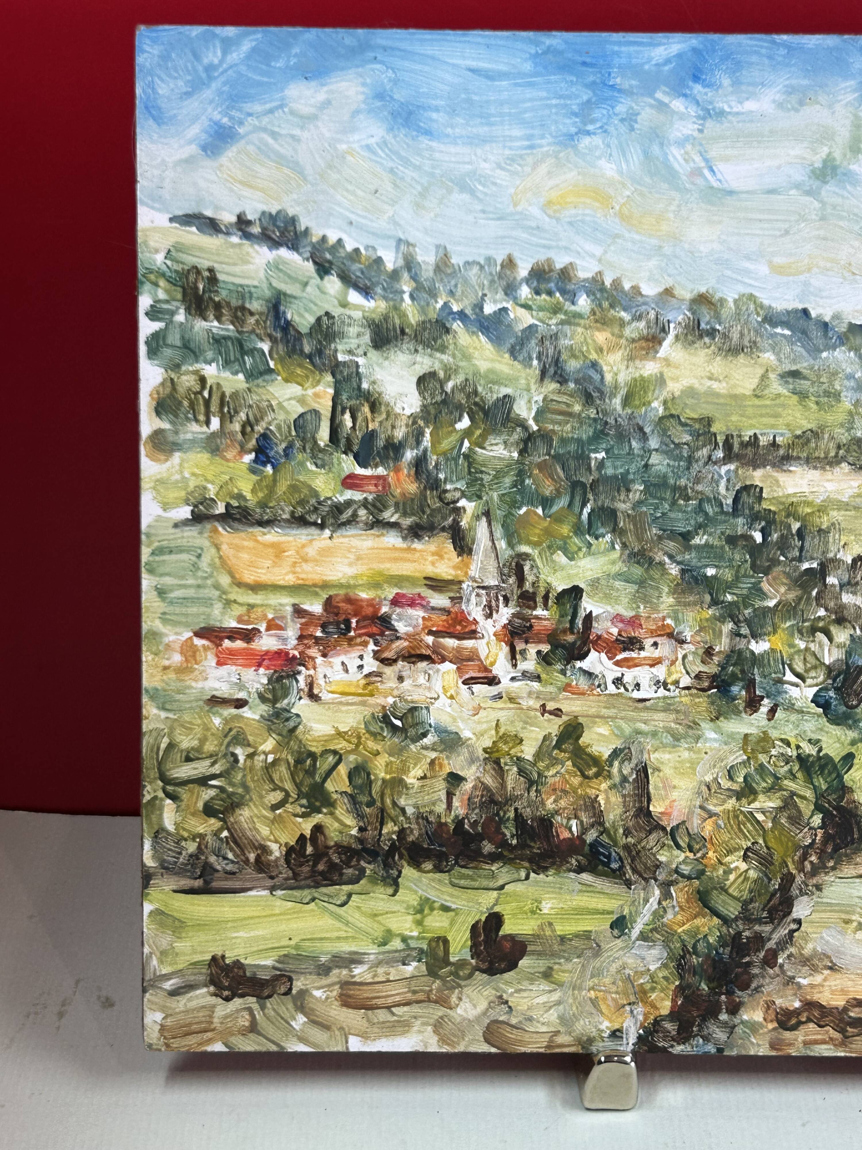 View of a countryside village, oil on hardboard.