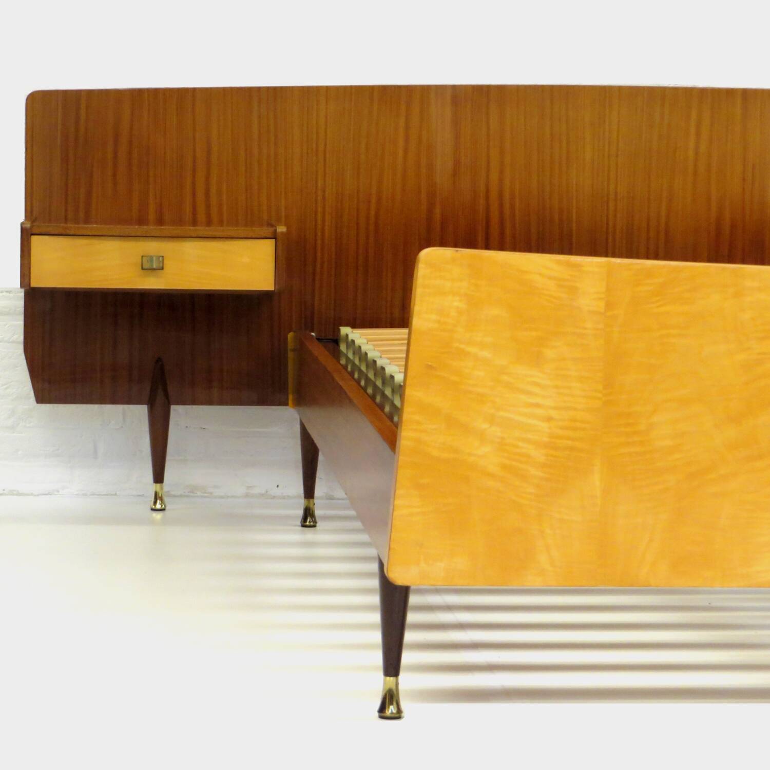 Mid century double bed bedroom set + floating nightstands in teak & maple