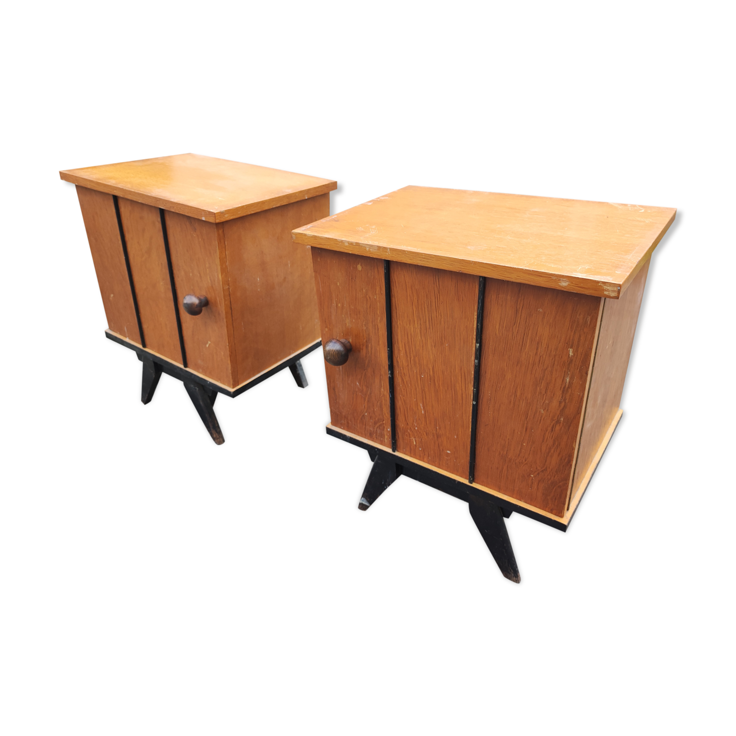 Pair of wooden bedside tables feet vintage compass