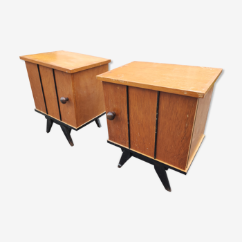 Paire de tables de chevet bois pieds compas vintage