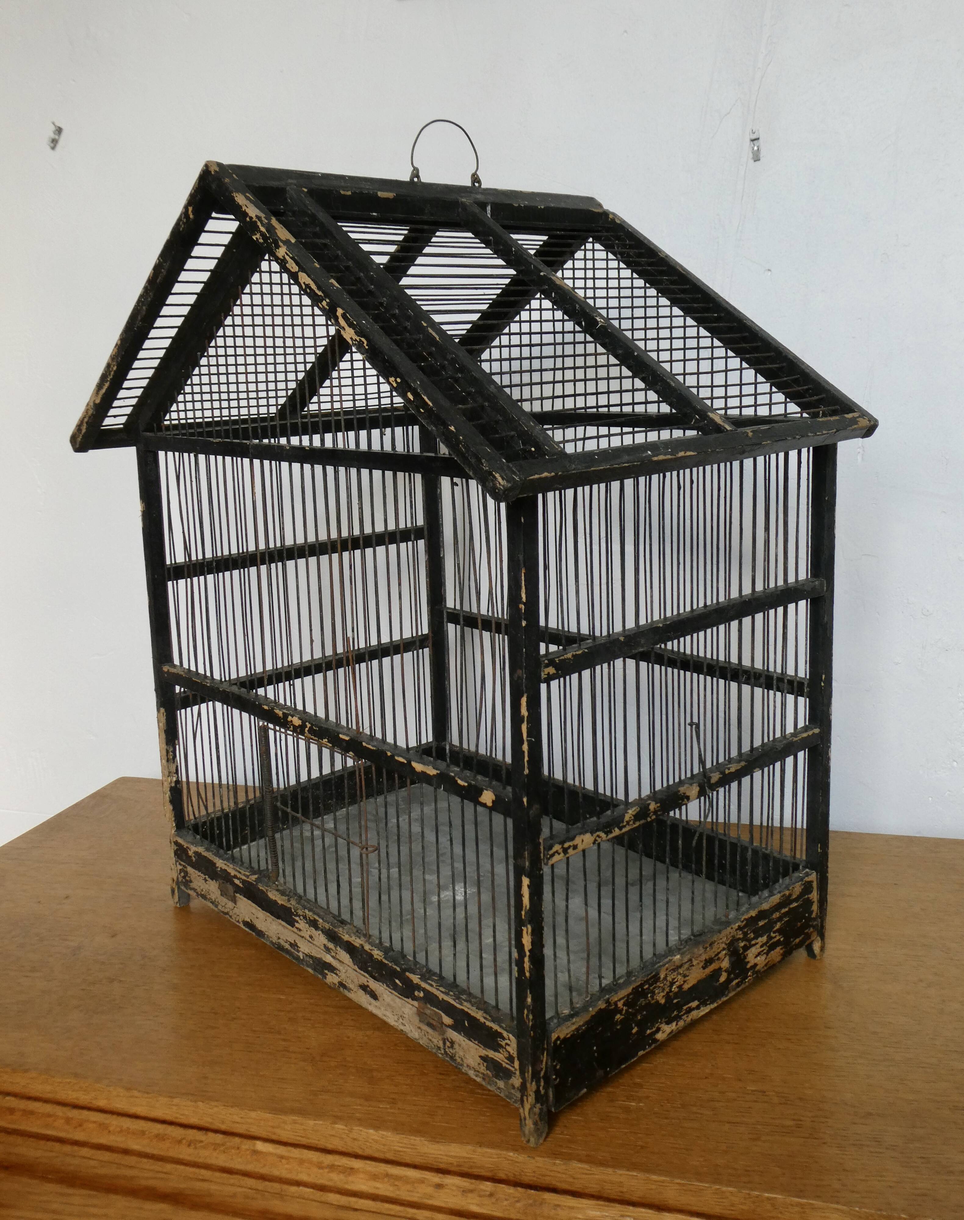 Wooden bird cage, original black patina, early 20th century