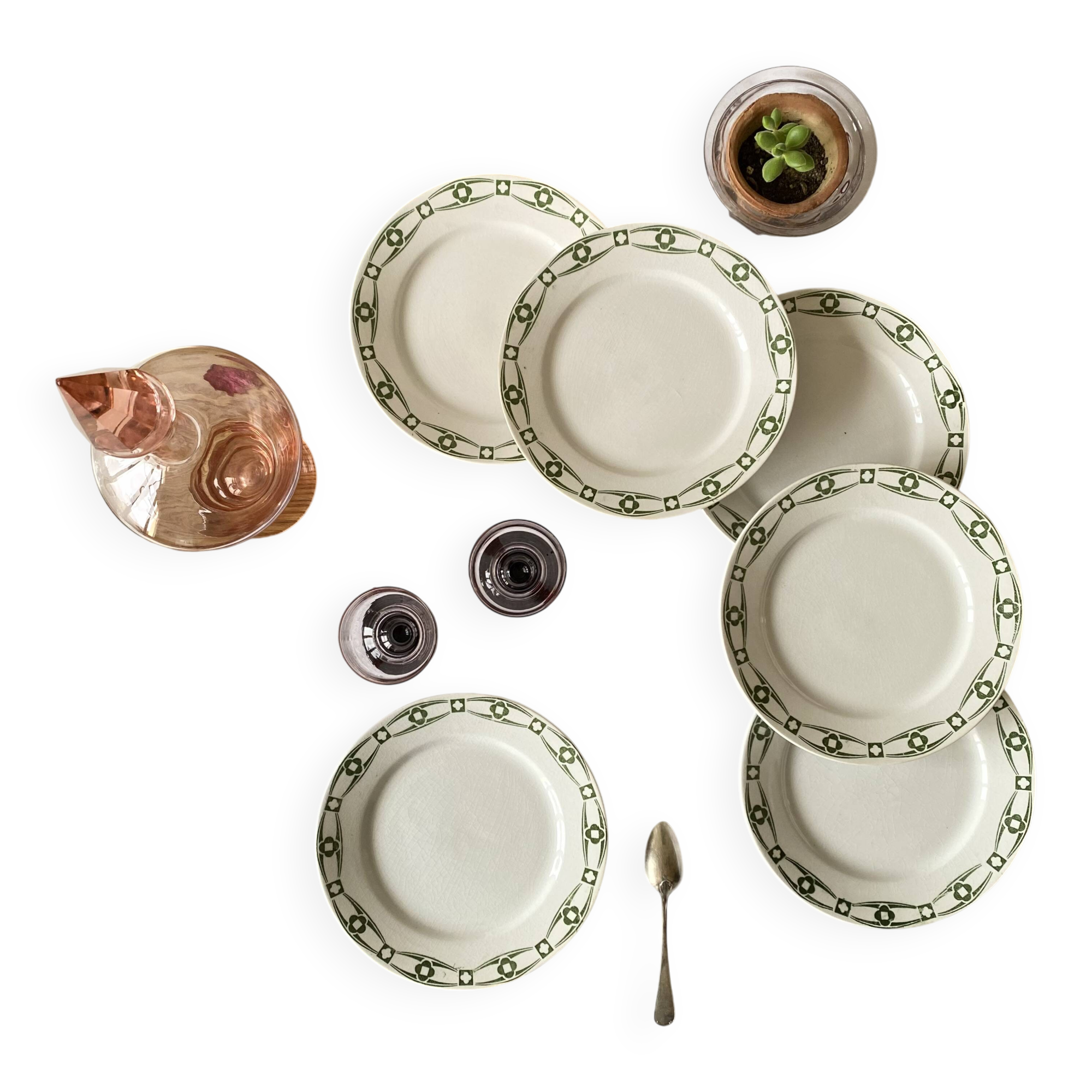 6 Creil and Montereau Labrador terracotta dessert plates, Annecy pattern