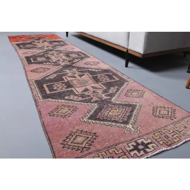 Vintage Turkish hand-knotted wool cotton pink runner 82x312