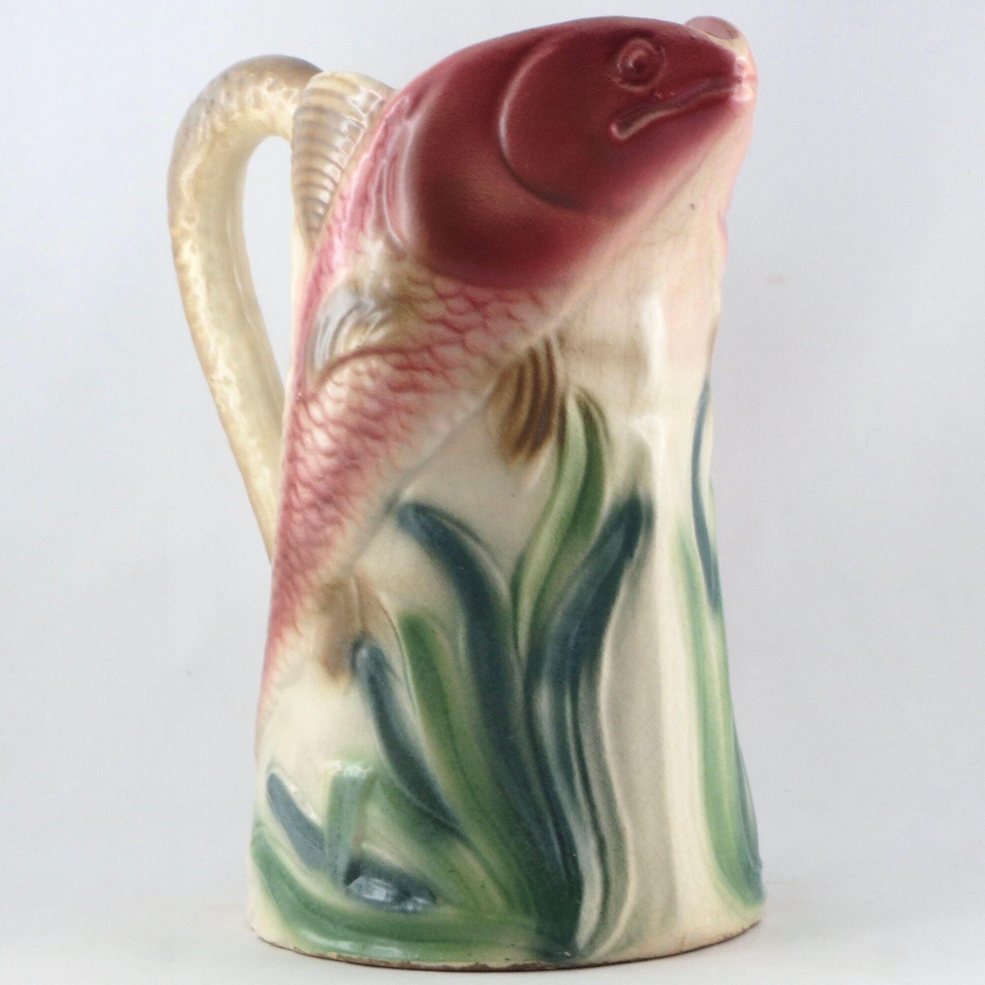 Former pichet barbotine clairefontaine "the poissons" majolica jug fish 19th