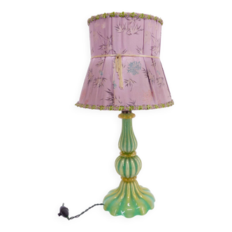 Murano turquoise lamp and pink silk lampshade 1940