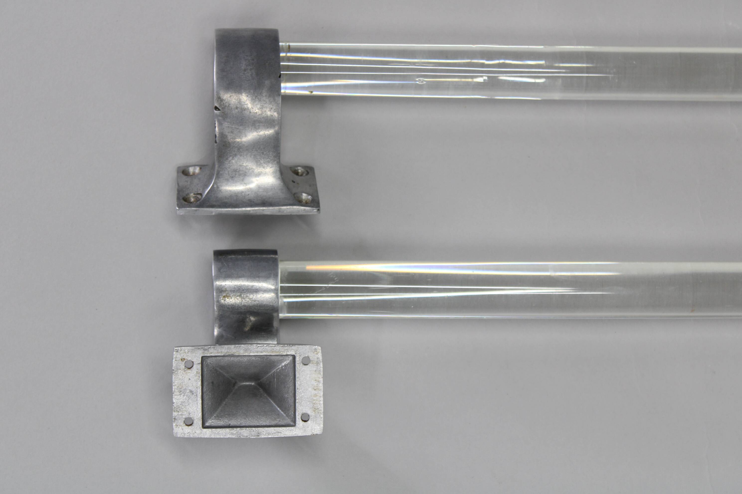 Pair of 1930s Czechoslovak Art Deco clear glass handles with metal mounts