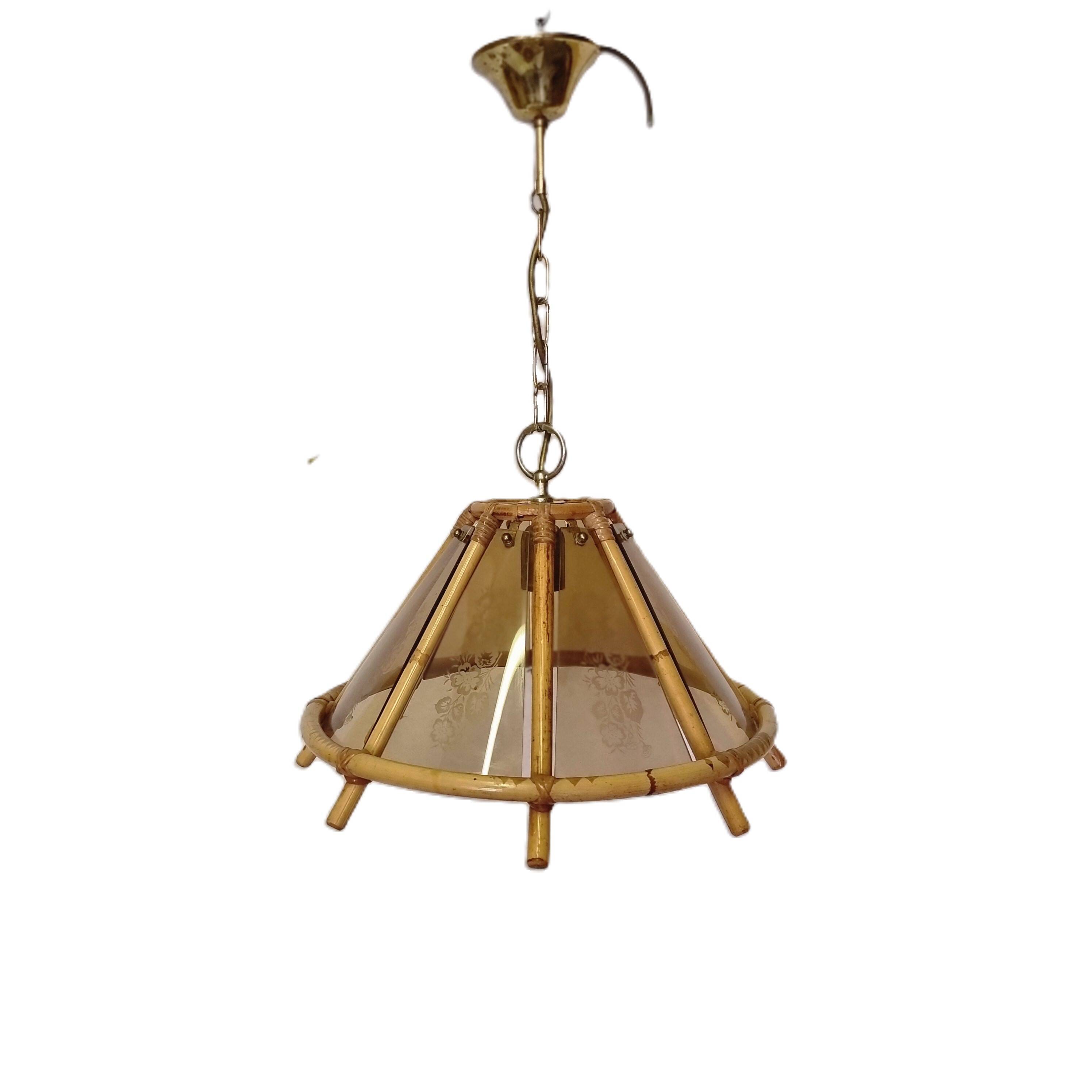 Vintage Bamboo Pendant Lamp With Decorative Glass From The 70s