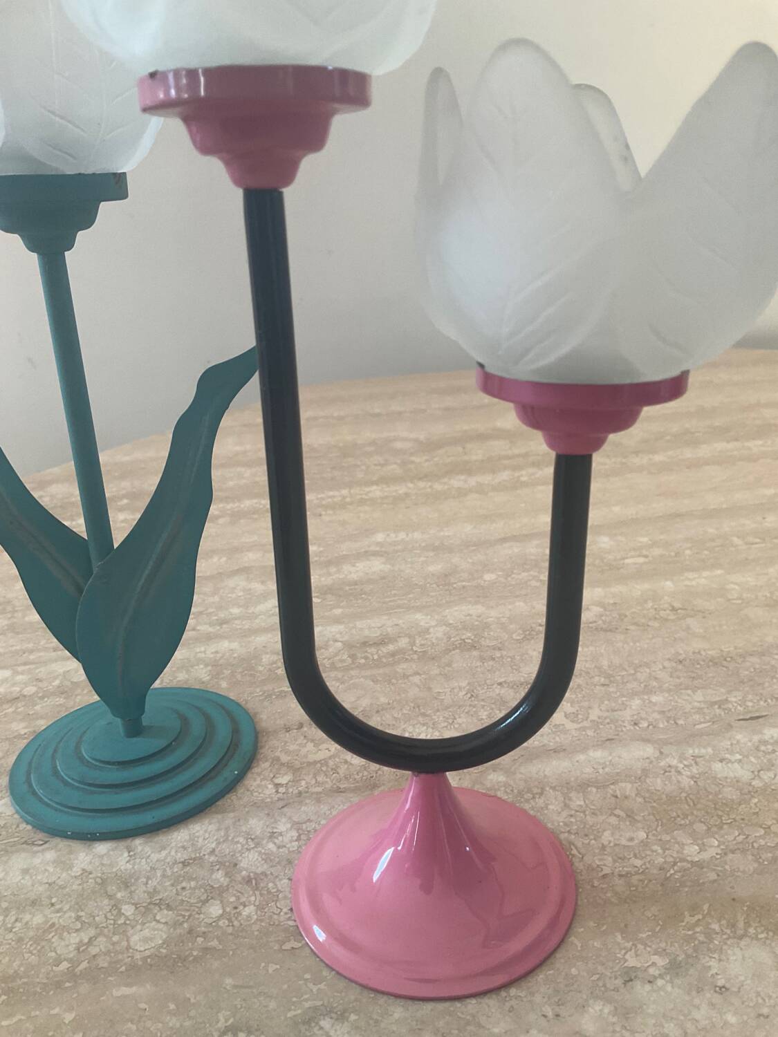Duo of vintage metal and glass candlesticks