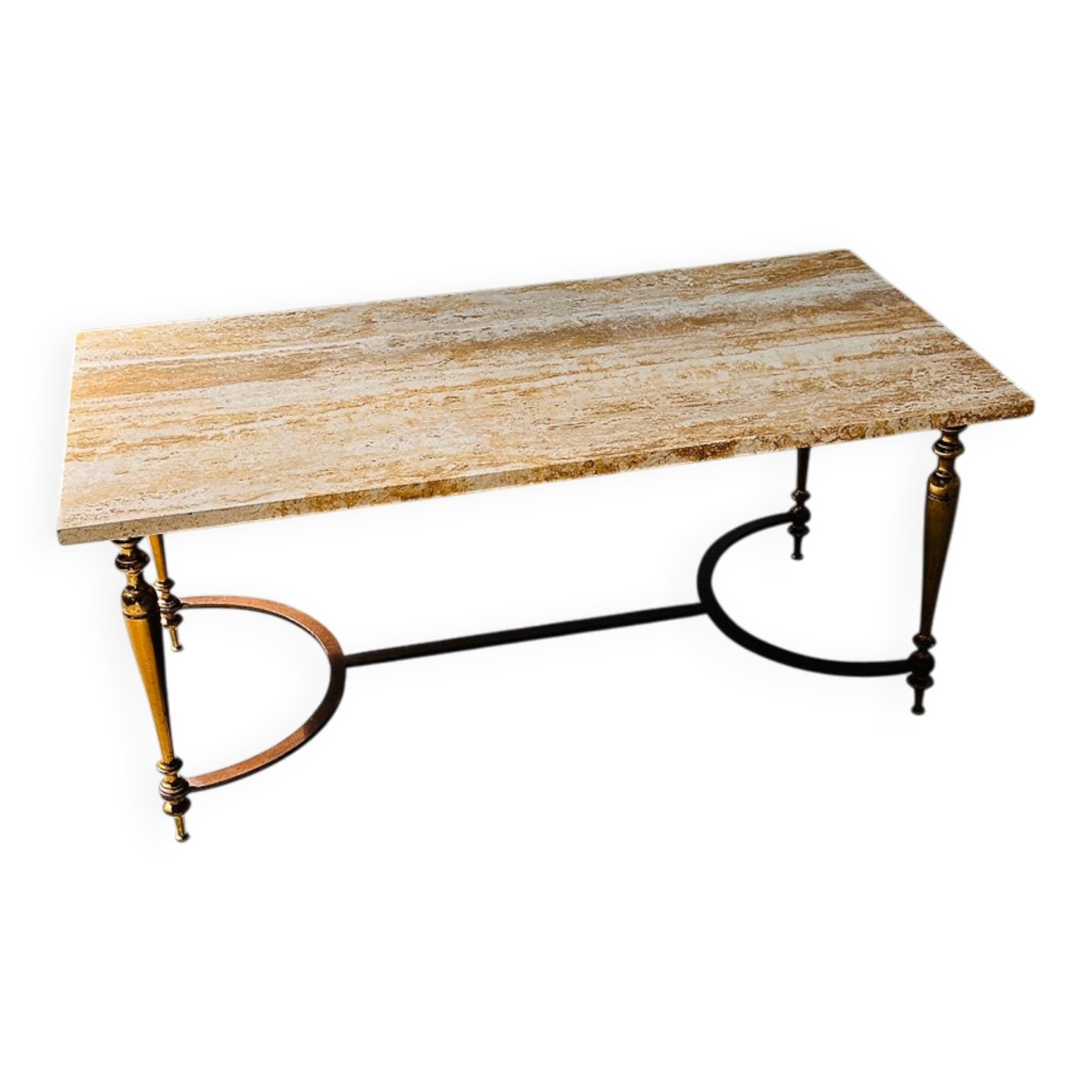 Elegant travertine coffee table with brass base, 1970s