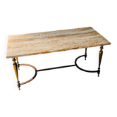 Table basse en travertin élégant avec base en laiton, années 1970