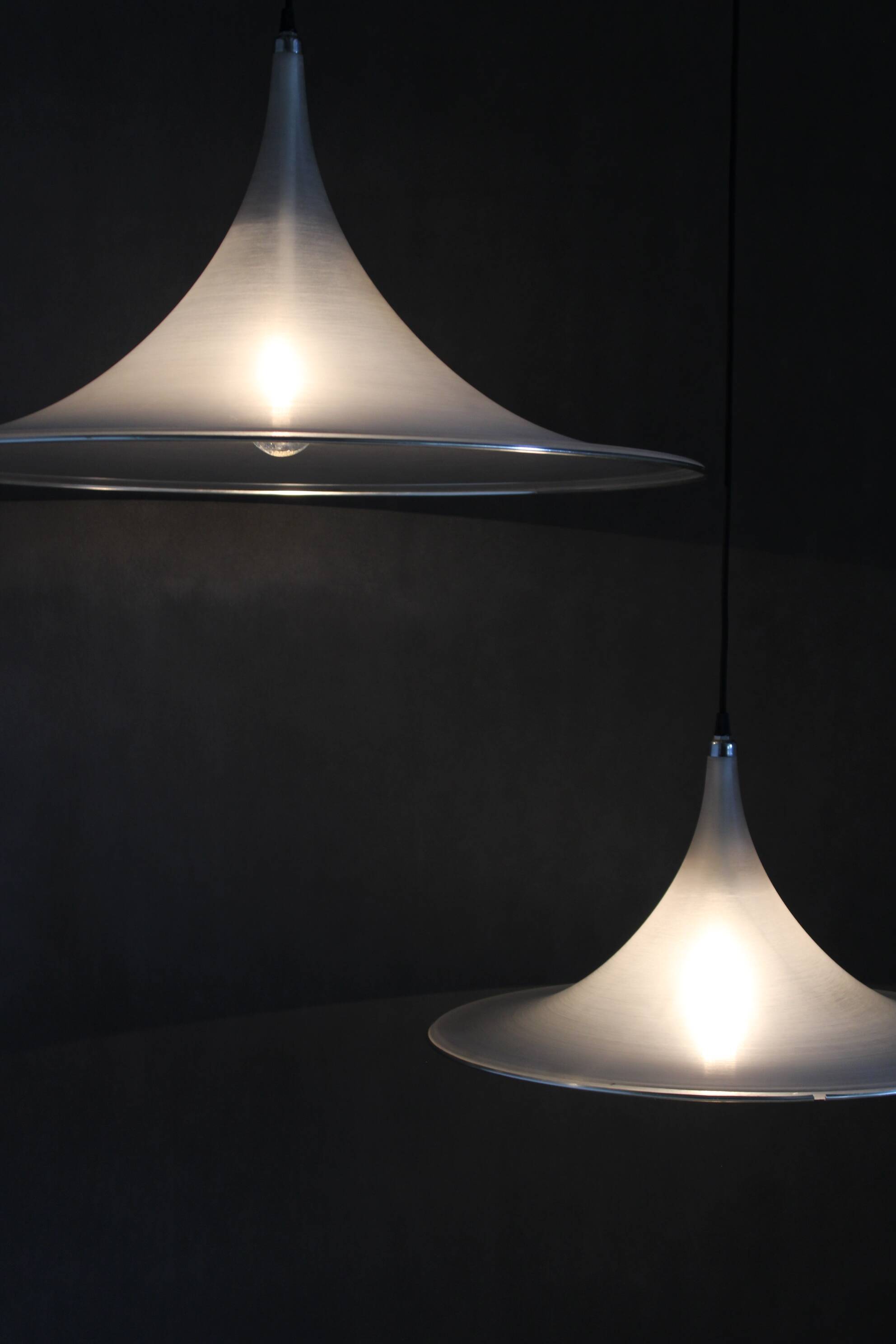 1970s Pair of Guzzini "Trumpet" Pendant Lamps by Meblo , Italy