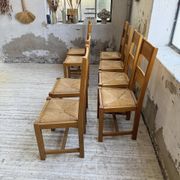 Set of 8 blond oak chairs with straw seats