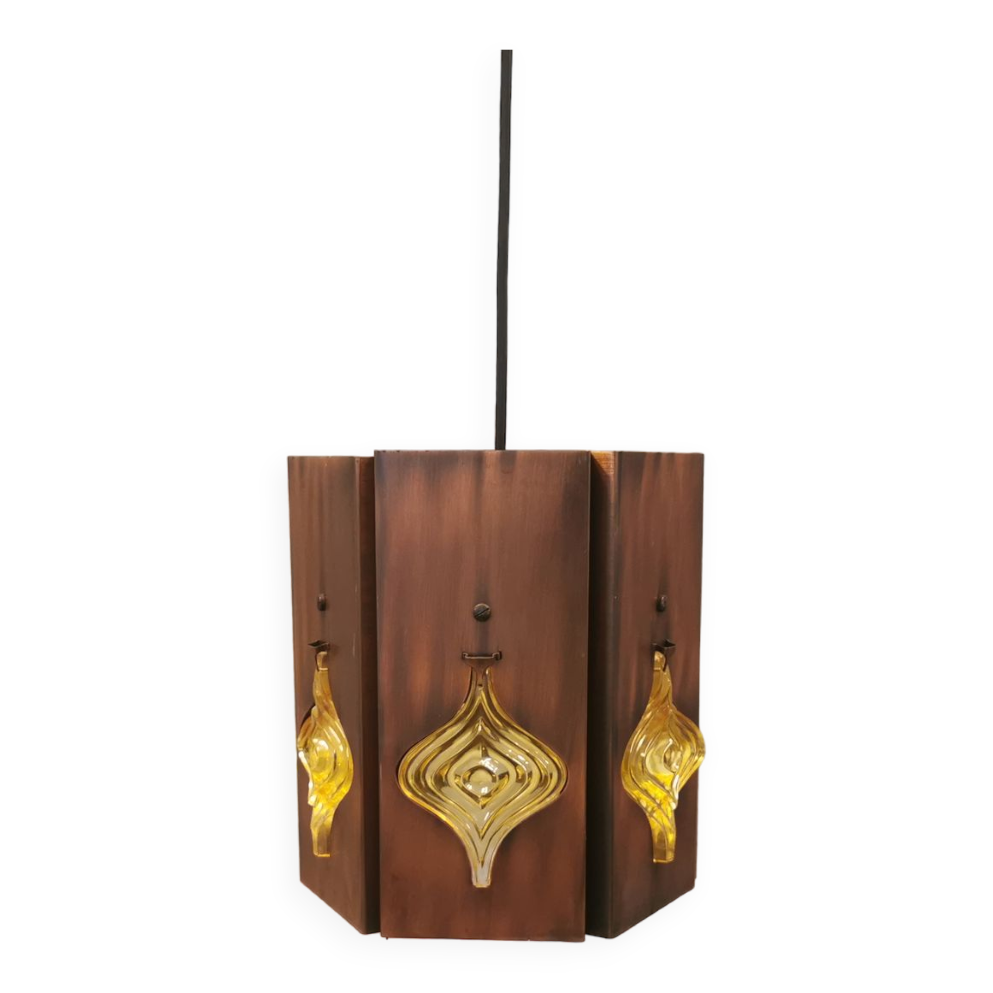 Older hanging lamp, made of metal with yellow prisms.