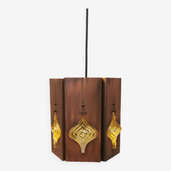 Older hanging lamp, made of metal with yellow prisms.