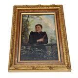 Peinture huile portrait femme XIX ième cadre doré ancien
