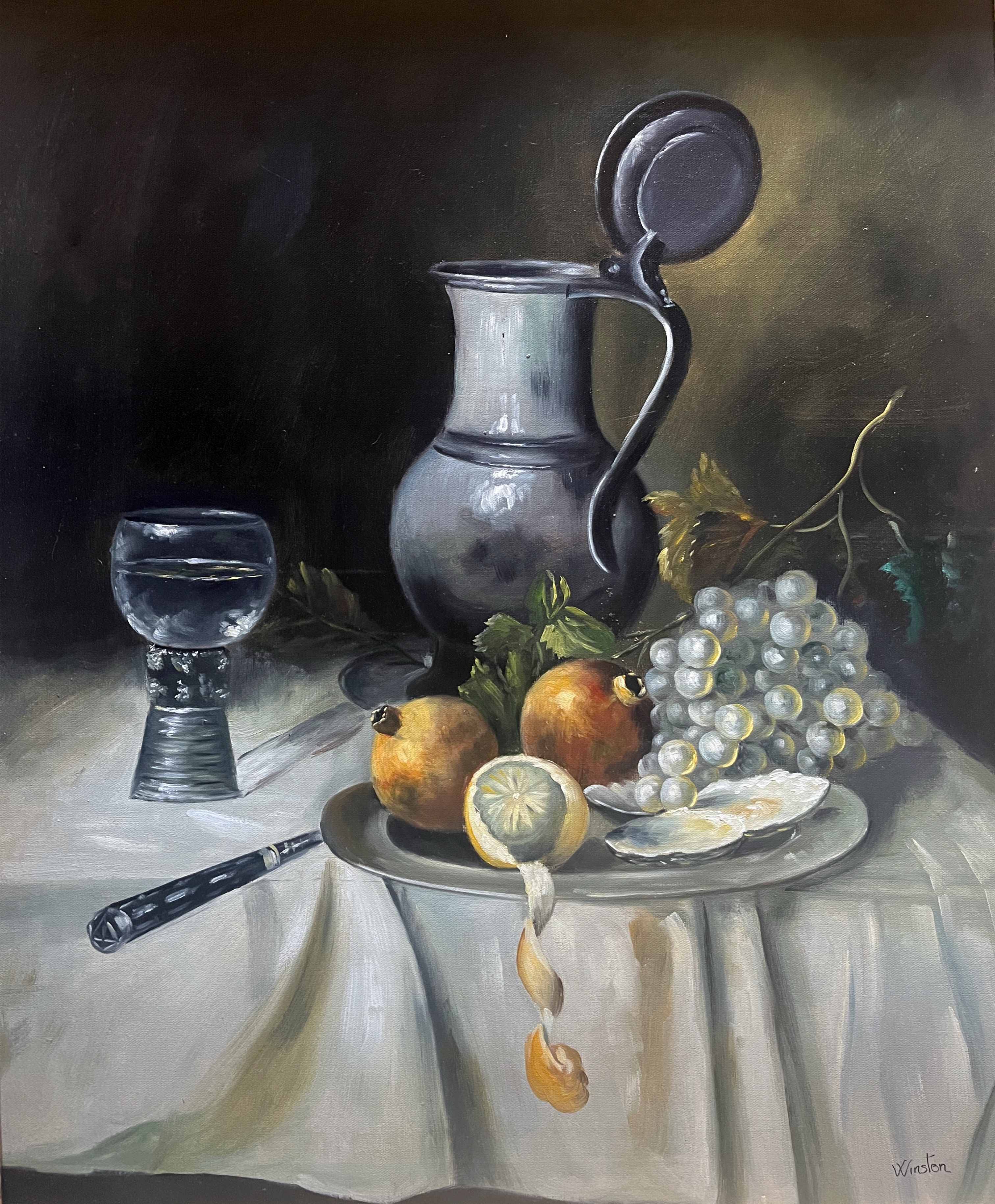 HST painting "Composition with fruits and oysters" signed Winston + frame