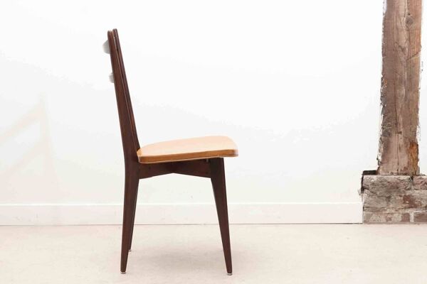 Chaise bistrot en skaï fauve et chêne foncé