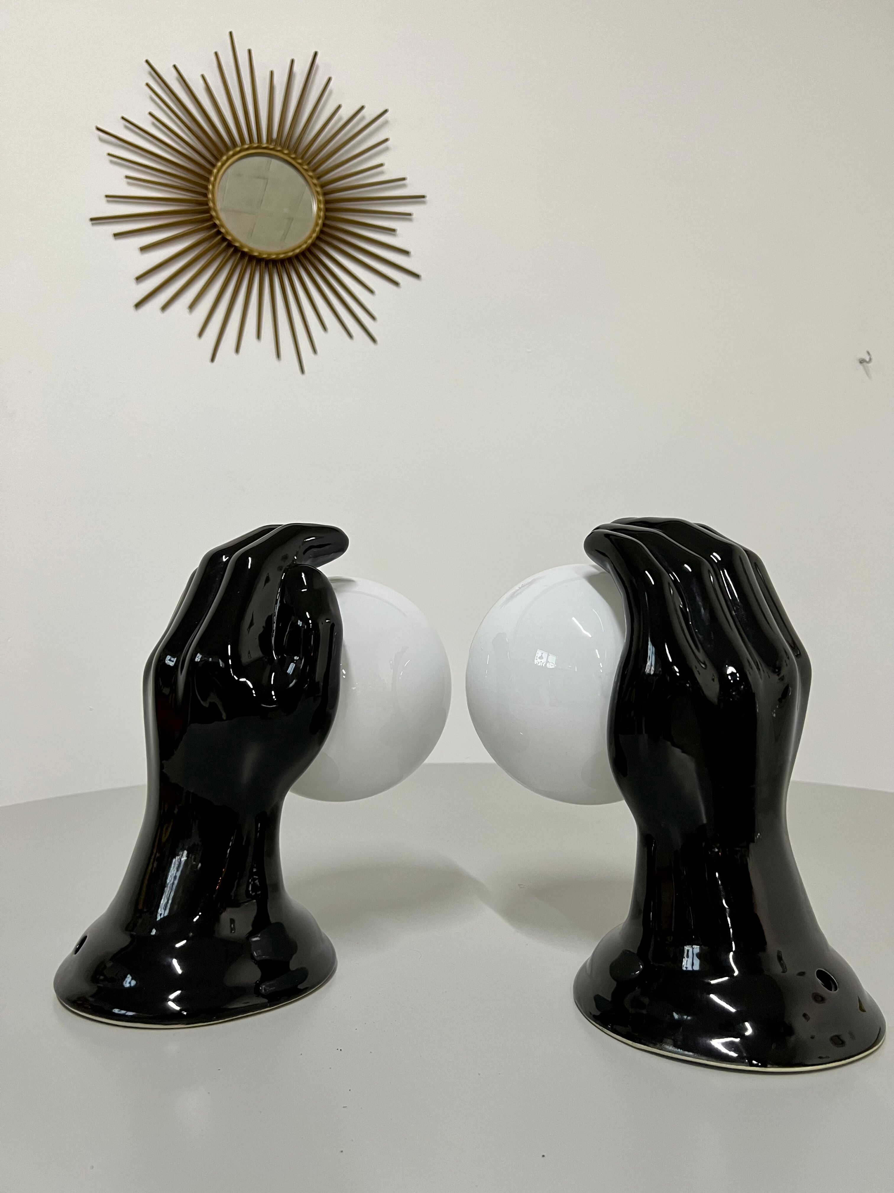 2 black ceramic hand lamps from the 70s / vintage and opaline lamp