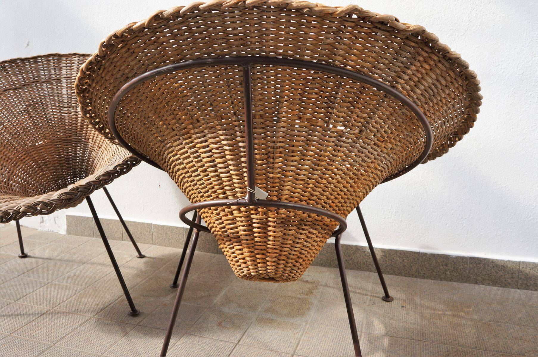 Mid-Century Italian Sunflower Wicker Chairs, Set of 2