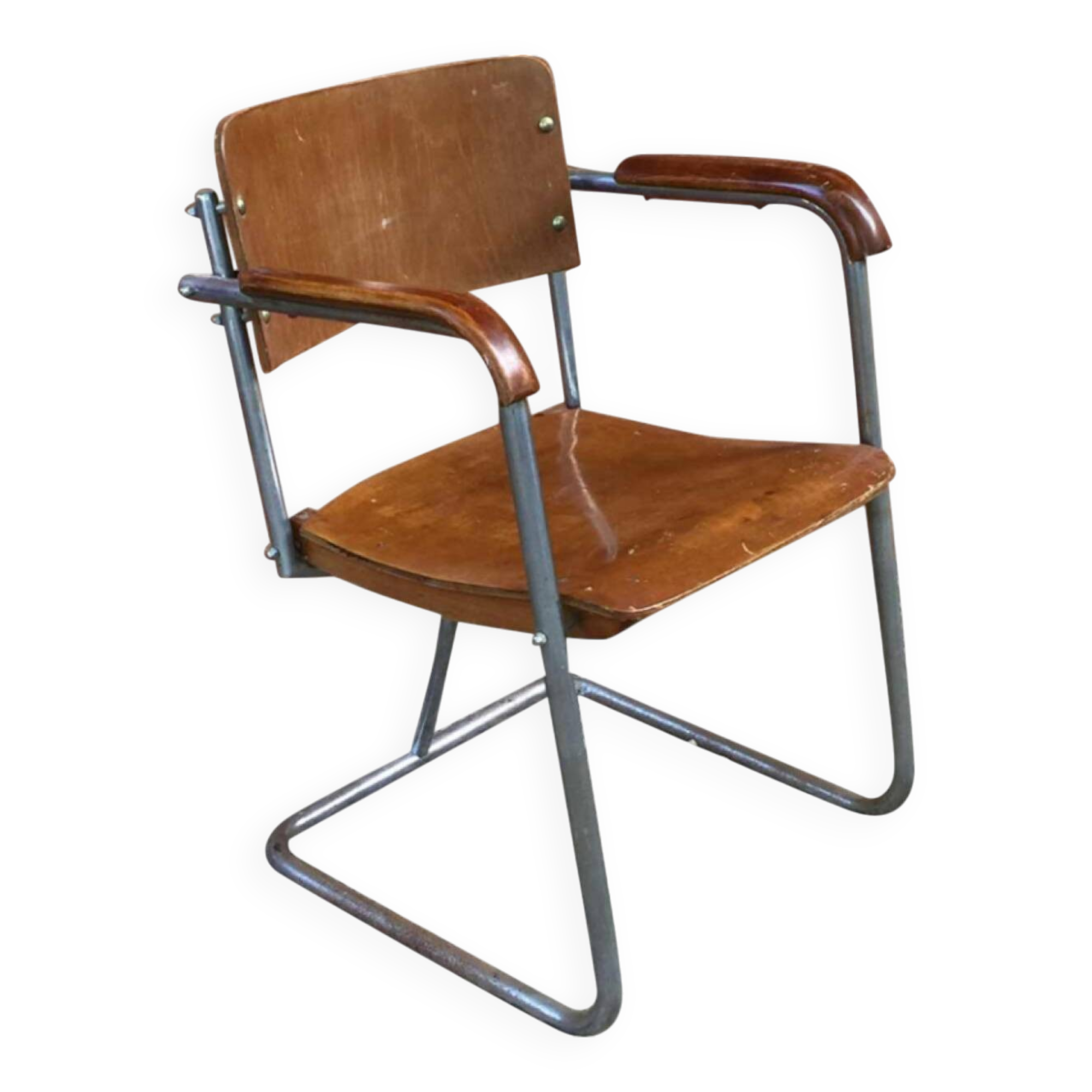 Modernist armchair in plywood, screwed steel tubes