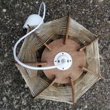 Pair of vintage wooden and rattan straw pendant lights.