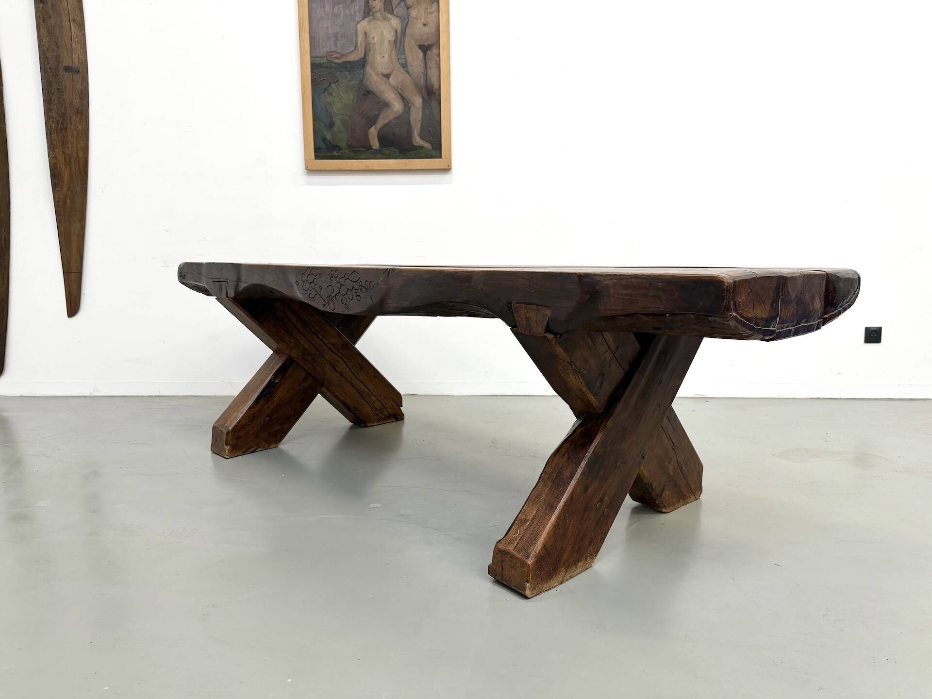 Table Brutaliste en Chêne Massif, Art Populaire (Vers 1900)