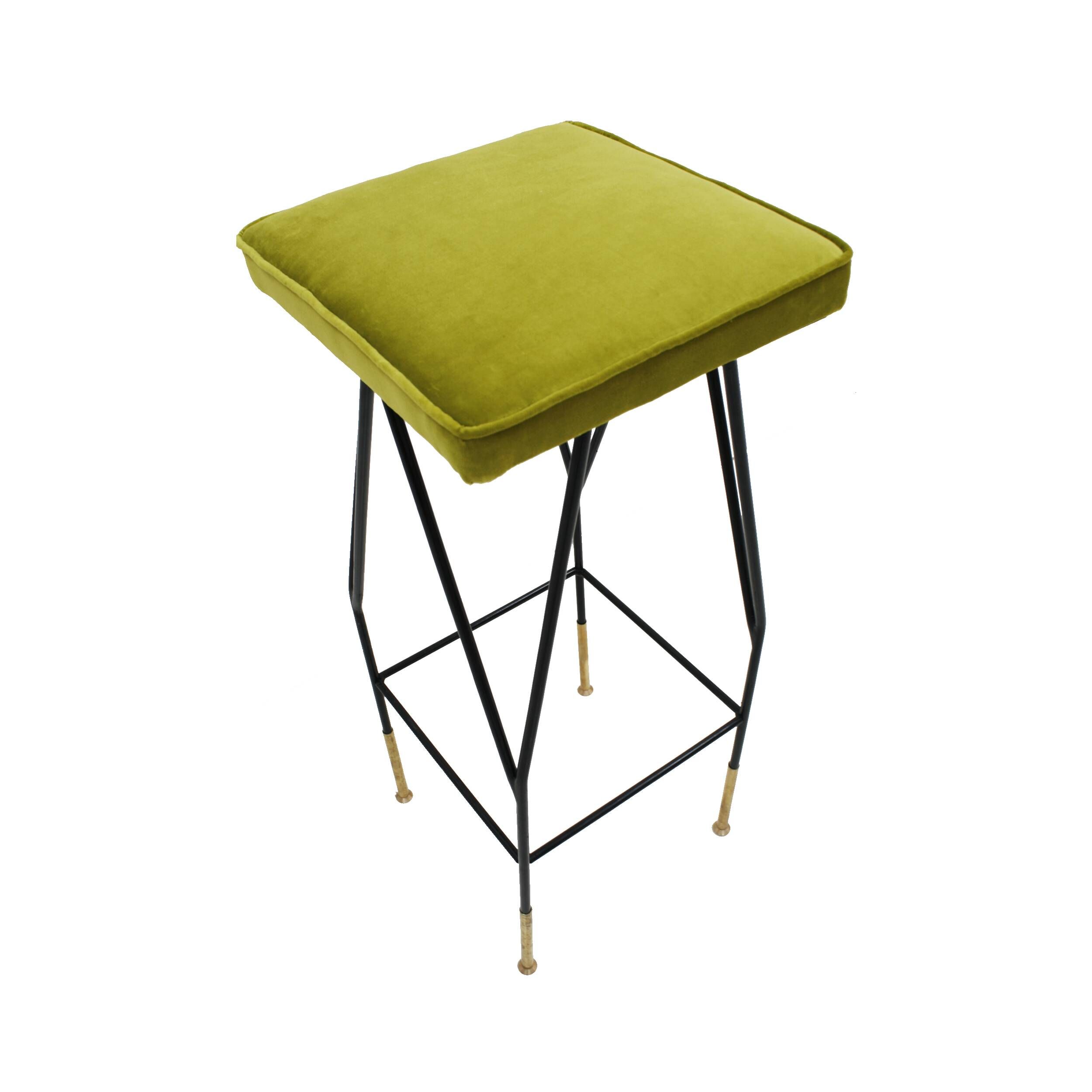 Italian Mid-Century Modern Square Black Lacquered Iron Lime Cotton Stools