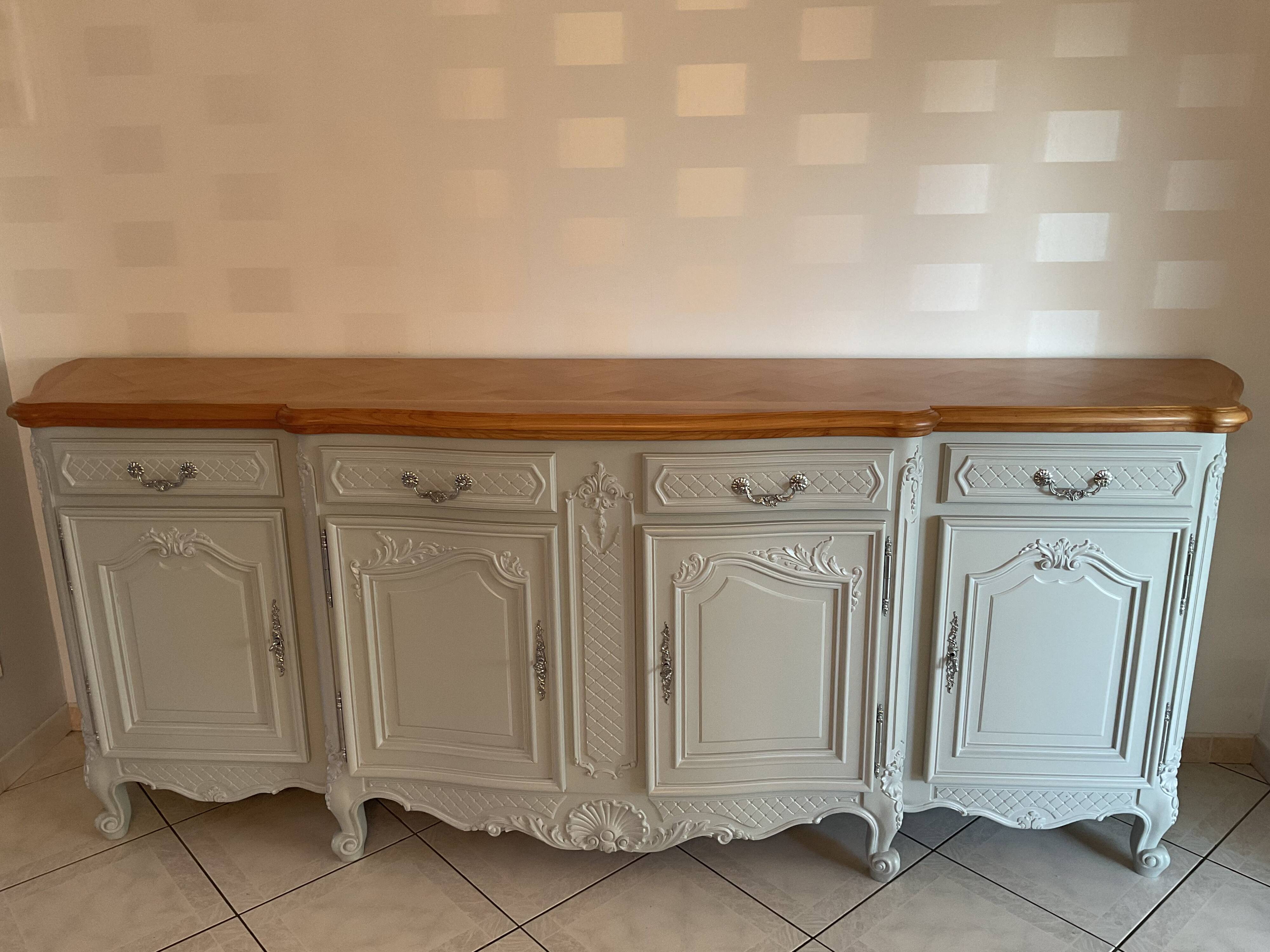Louis XV buffet in grey patinated solid cherry wood in the Gustavian style.