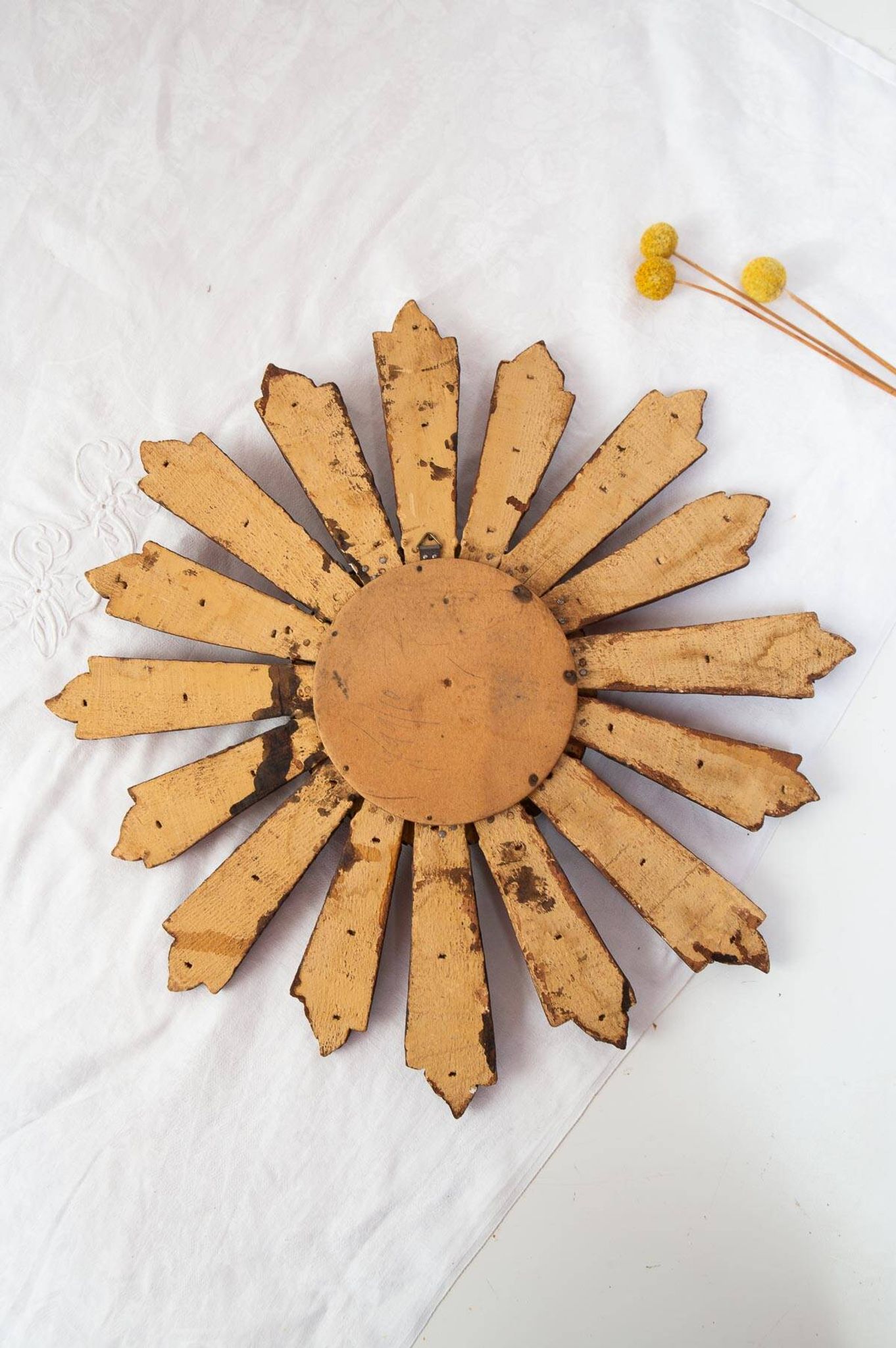 Vintage sun mirror witch's eye in gilded wood (39 cm)