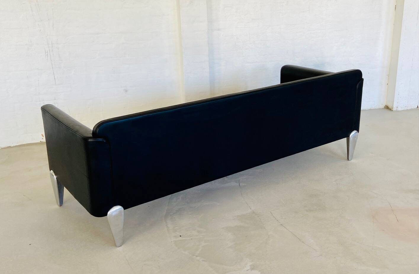 Vintage danish soren holst black leather 3 seater sofa with aluminium legs