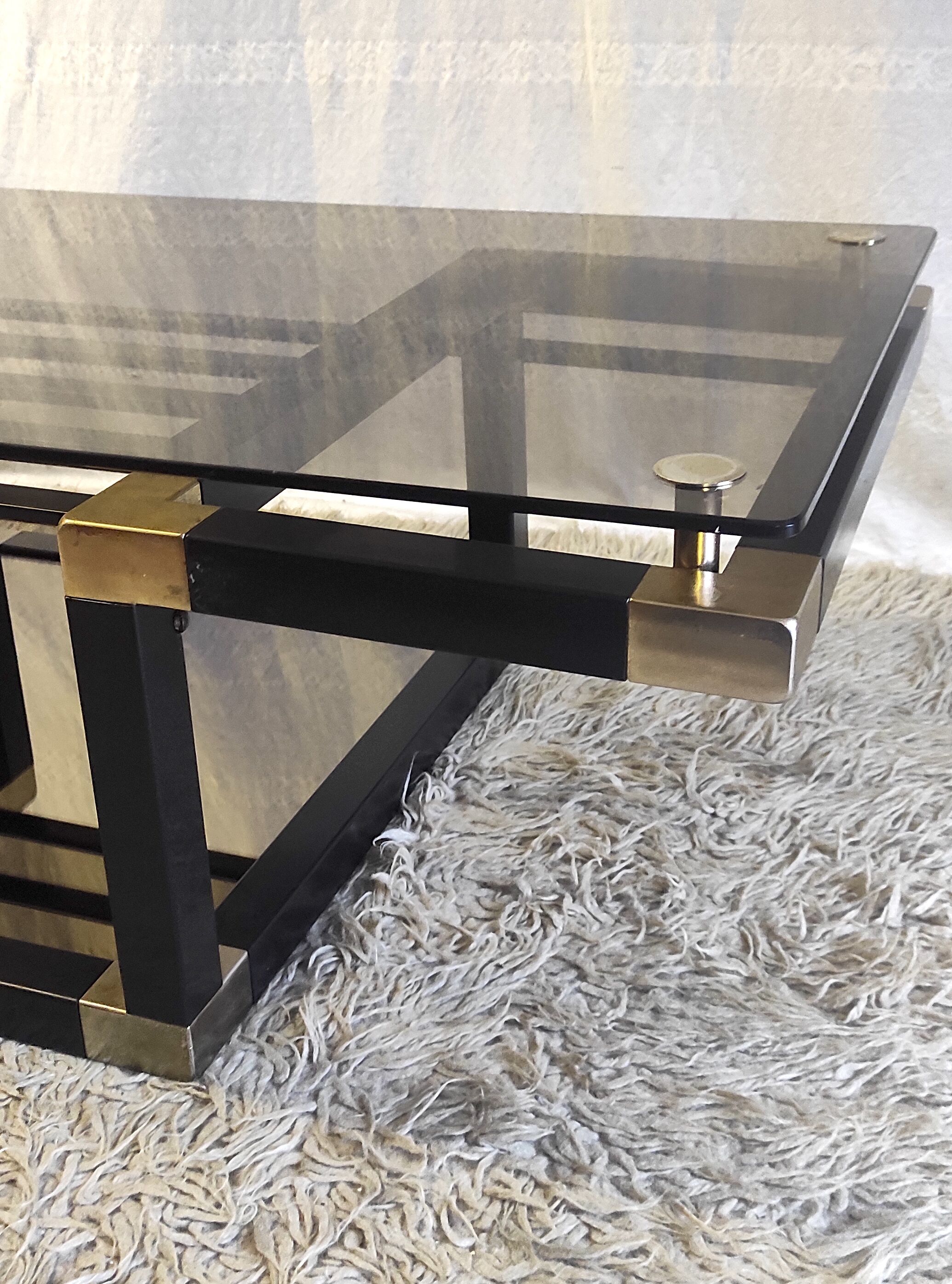 Designer coffee table in metal and smoked glass, 70s-80s