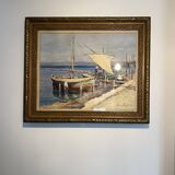 Old painting "Marine with boats" signed Marie Piat, 1930s-40s