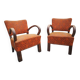 Pair of Thonet armchairs from 1930 in wood and orange/brown fabric, Art Deco style.