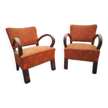 Pair of Thonet armchairs from 1930 in wood and orange/brown fabric, Art Deco style.