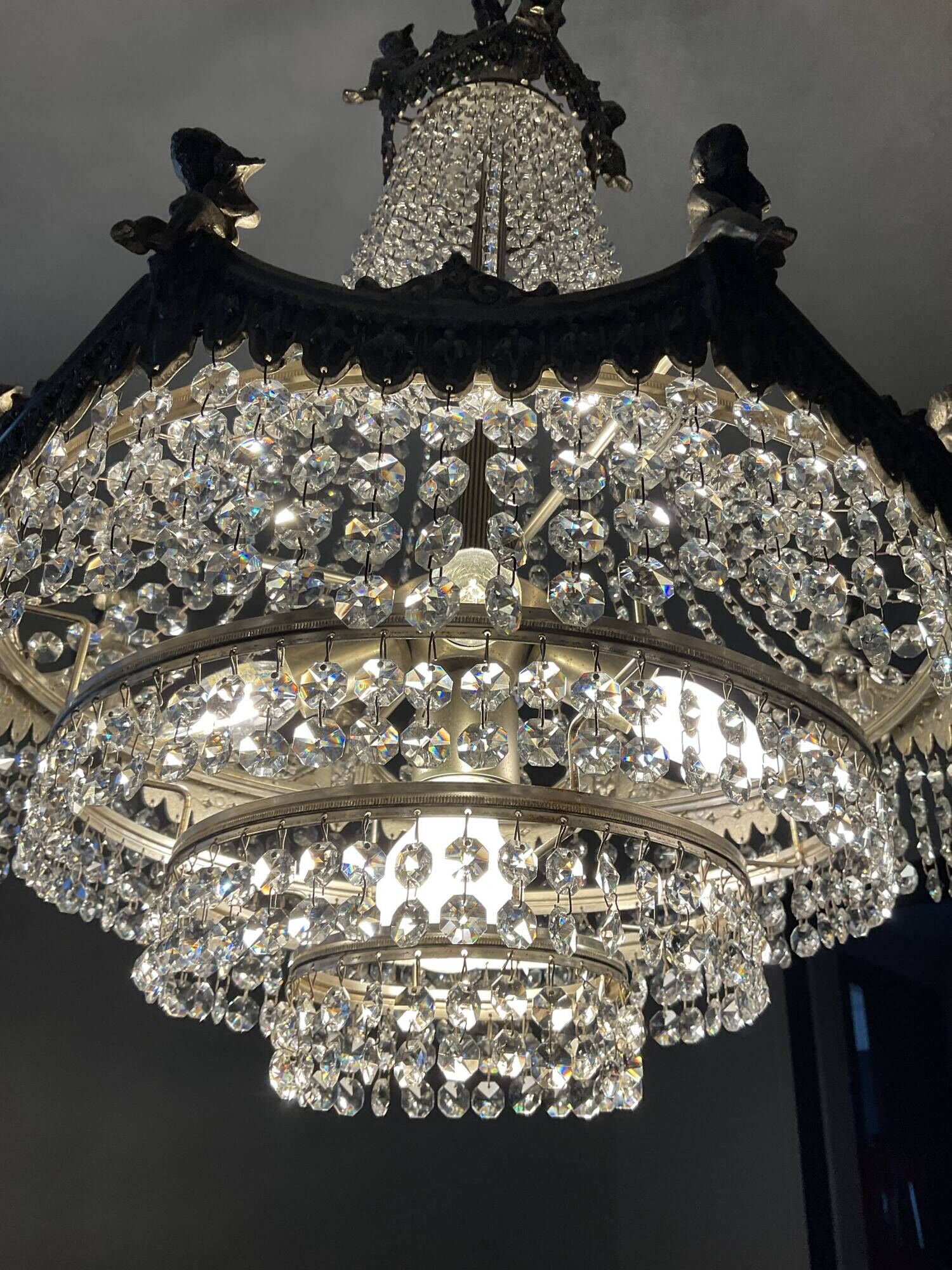 Old hot air balloon chandelier with crystal and bronze tassels