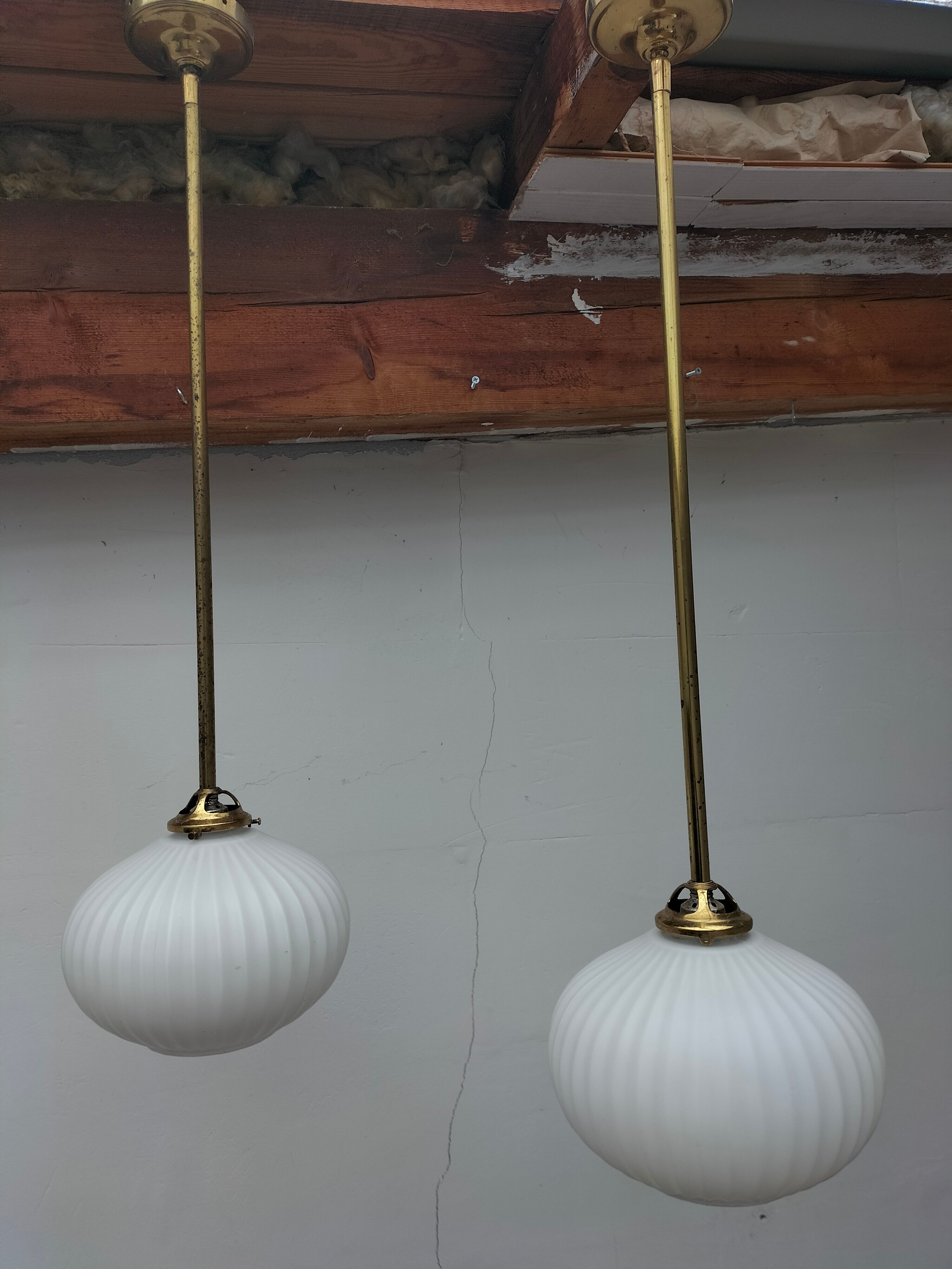 Pair brass and glass chandeliers