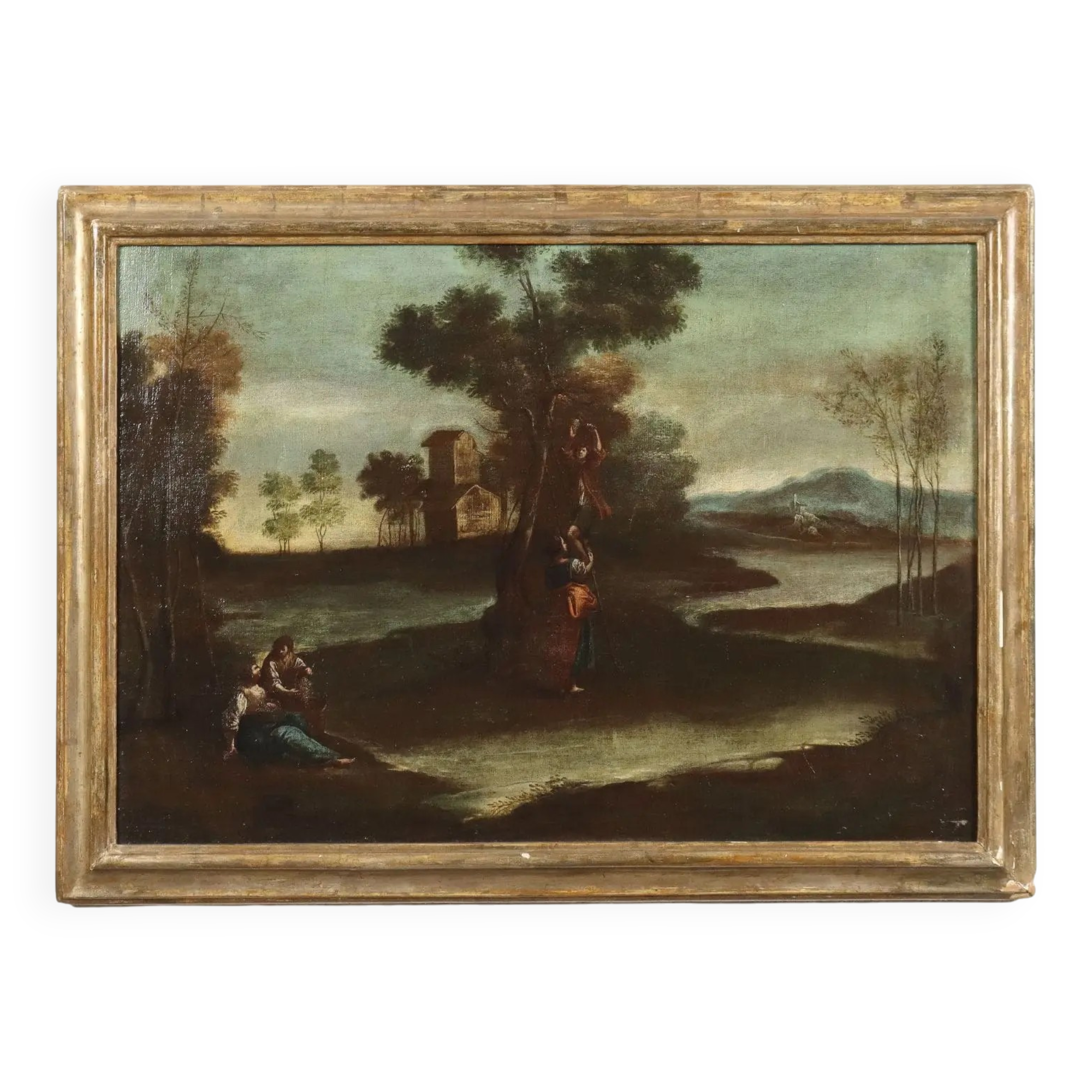 Ancient painting from the 1700s, landscape with figures, oil on canvas, styled frame.